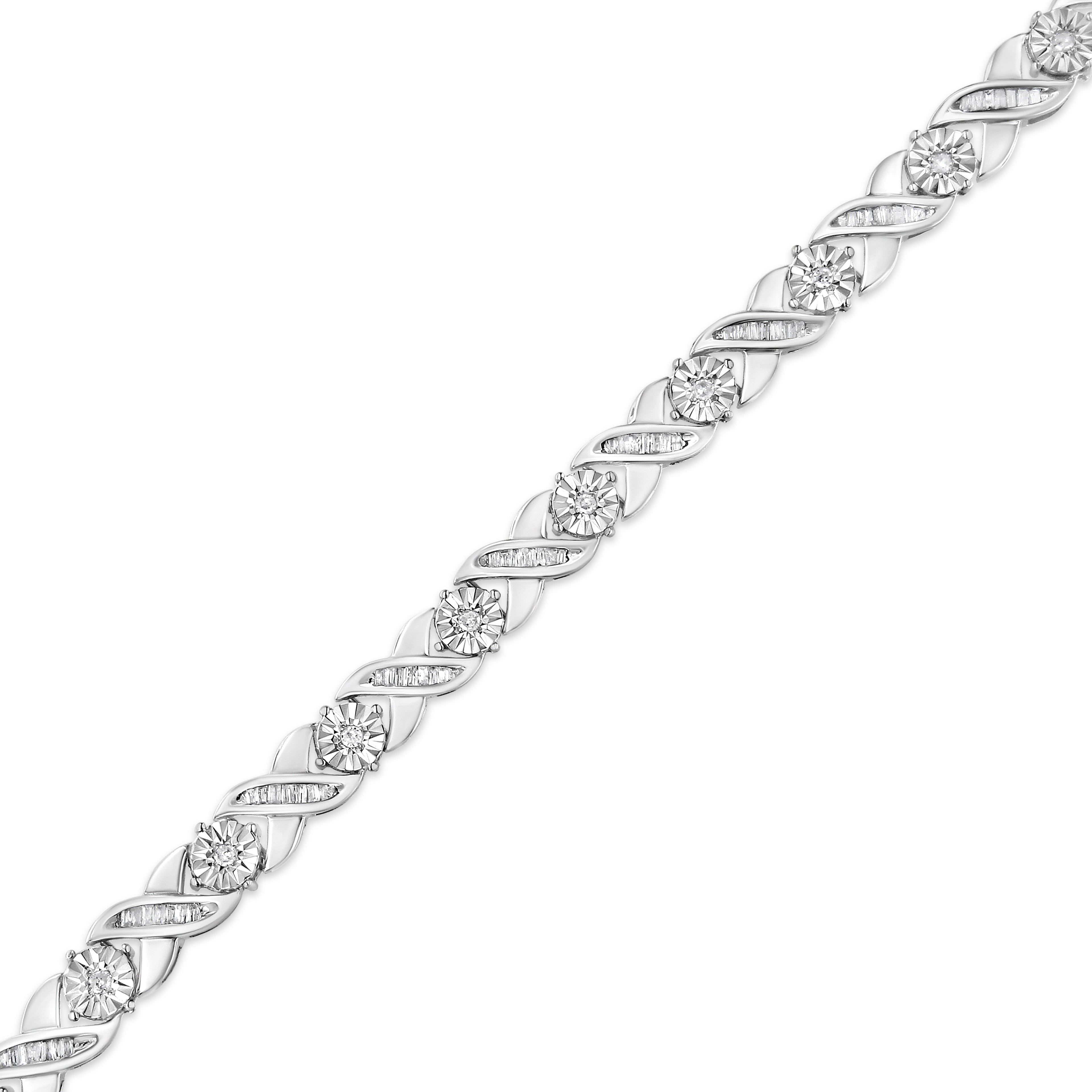 .925 Sterling Silver 1.0 Cttw Round-Brilliant and Baguette Cut Diamond Miracle-Set X-Link 7" Tennis Bracelet (I-J Color, I2-I3 Clarity)