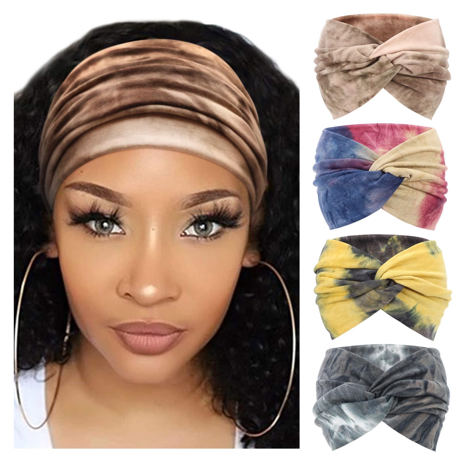 AQOKKA 4 Pack Wide Headbands for Women Large Turban Headband Non Slip Boho Elastic Hairband Hair Twisted Knot Head Bands for Womens Hair