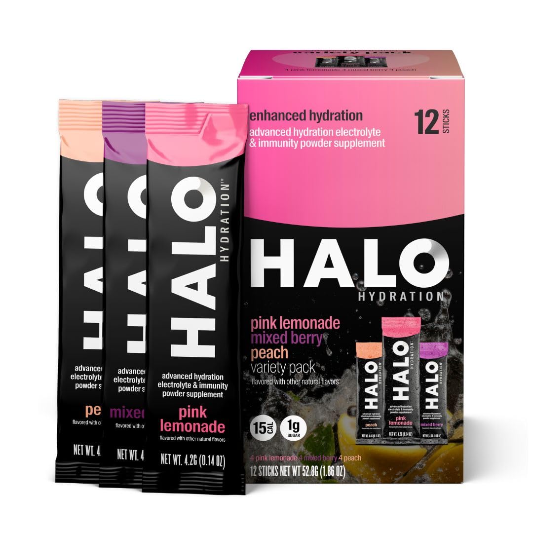 HALO Hydration - Electrolyte Drink Mix | Hydration Powder Packets | Variety Pack (Pink Lemonade Peach Berry) – For Sports and Cycling | Easy Open Single Serving Stick | 12 Sticks