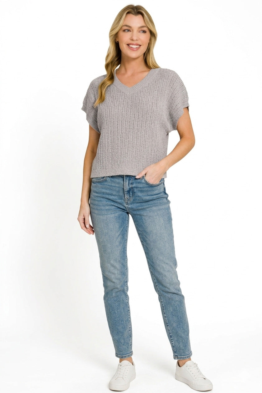 Zenana Textured Knit V-Neck Cropped Sweater