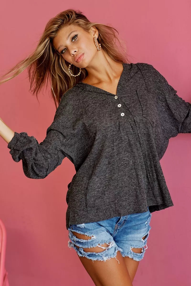 BiBi Textured Knit Hoodie with Buttoned Placket