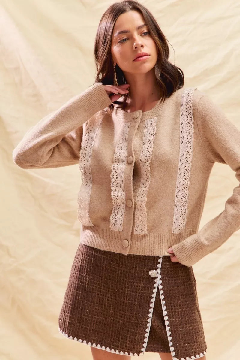 SO ME Front Lace Trim Button Cardigan Sweater