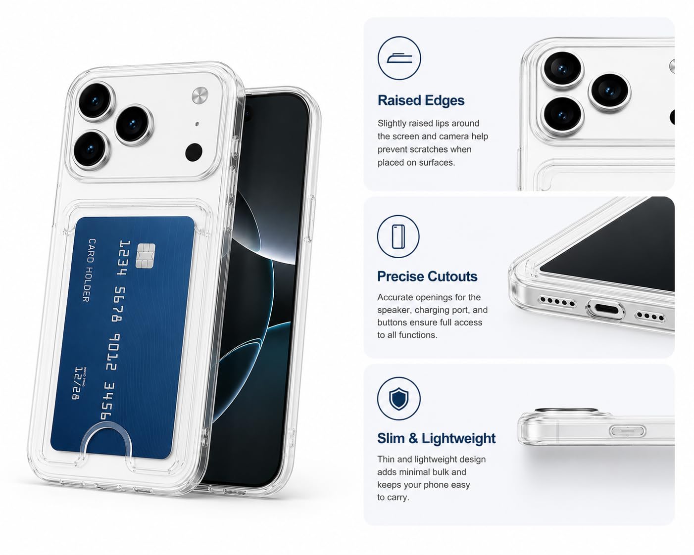 Clear Wallet Case for iPhone 17 Pro, Slim TPU Shockproof Cover with Card Holder, Crystal Clear