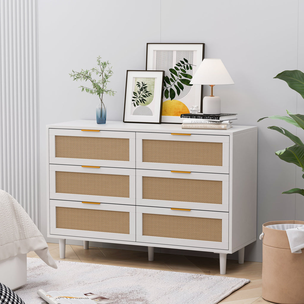 43.31'6-Drawers Rattan Storage Cabinet Rattan Drawer,for Bedroom,Living Room,White