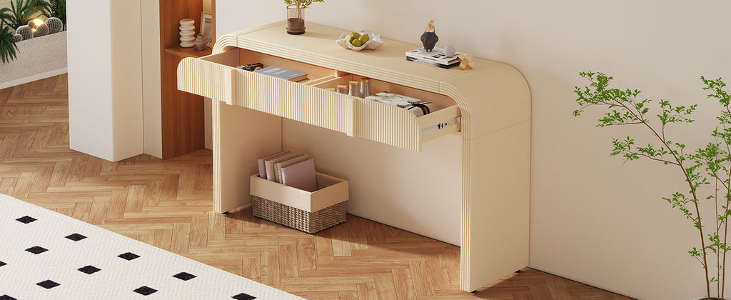 TREXM Modern Console Table with 2 Storage Drawers, Fluted Entryway Table with Rounded Silhouette for Hallway Living Room and Entryway (Apricot Cream)
