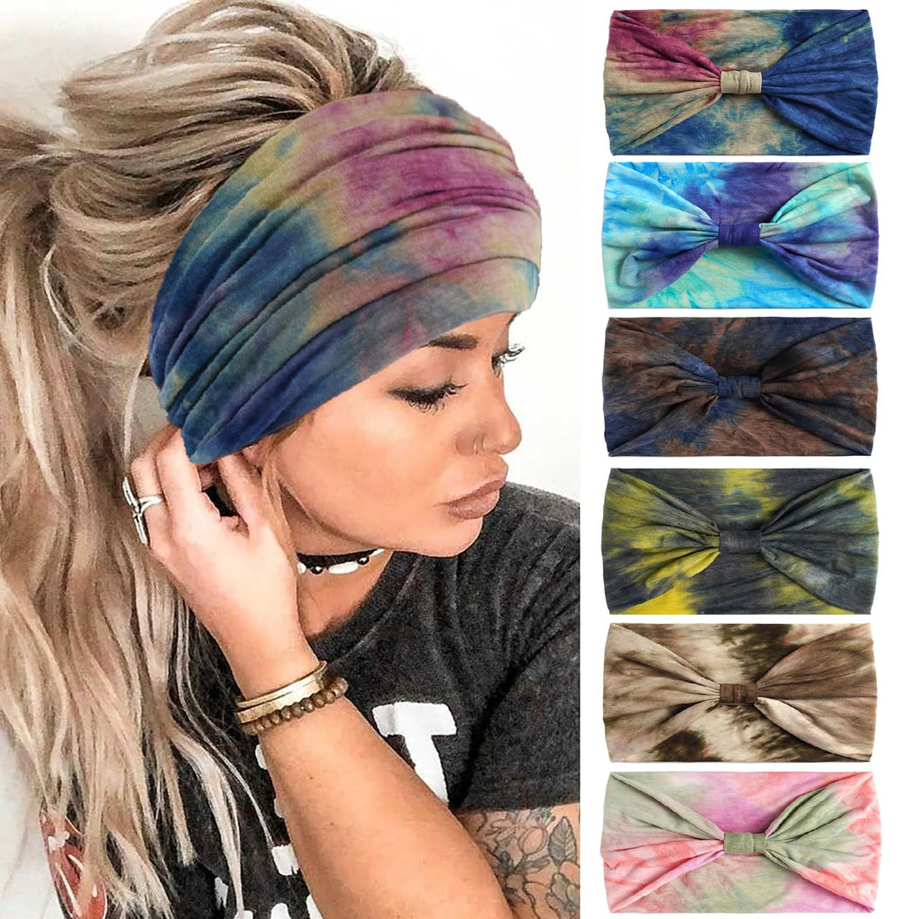 QUEXIAOMIN Headbands for Women 6 PCS Wide Boho Headbands Elastic Bandana Non Slip Sweat Fashion Large Headwraps Hair Bands Headwear fit All Head Sizes for Workout Sports Running Yoga