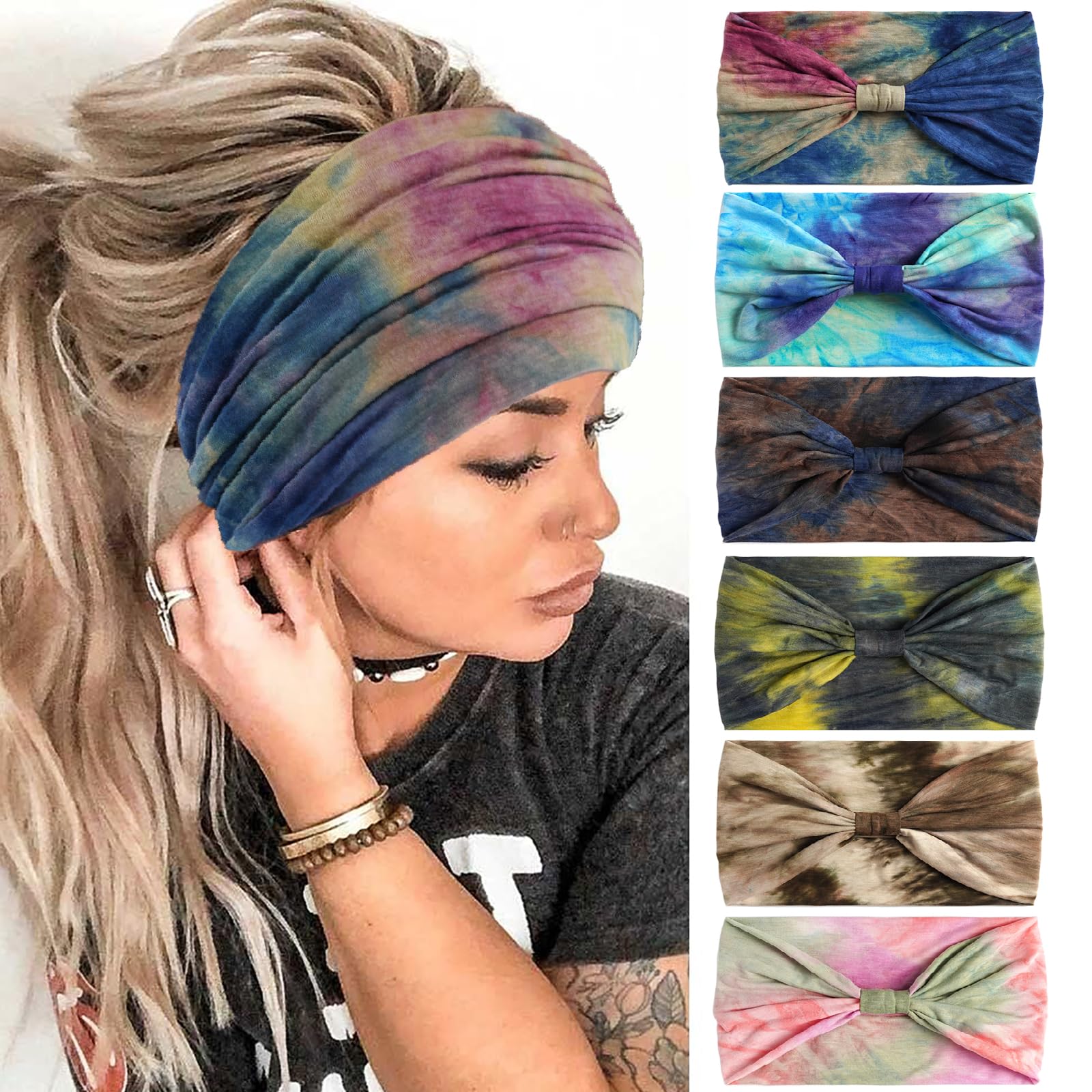 QUEXIAOMIN Headbands for Women 6 PCS Wide Boho Headbands Elastic Bandana Non Slip Sweat Fashion Large Headwraps Hair Bands Headwear fit All Head Sizes for Workout Sports Running Yoga