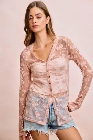 BiBi Bow Pattern Shrried V-neck Mesh Cardigan Top