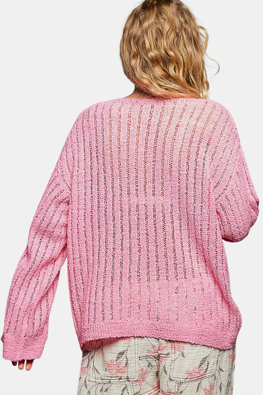POL Round Neck Long Sleeve Open Weave Sweater