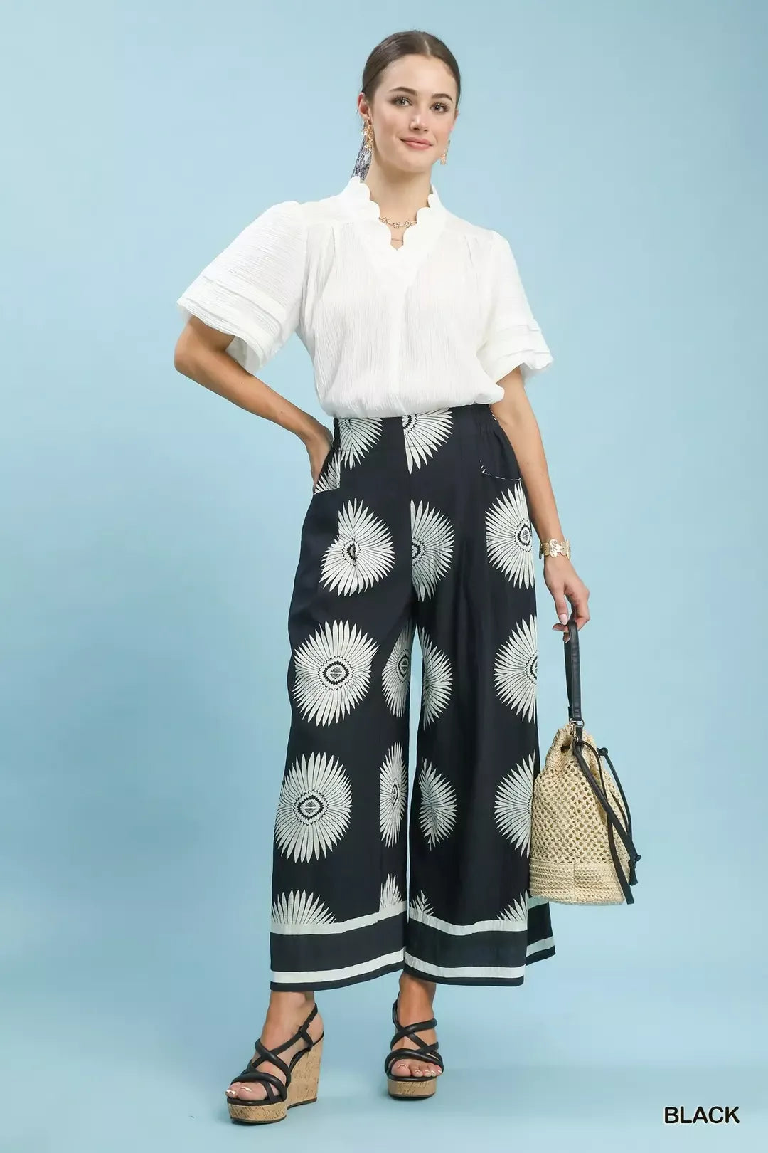Umgee Abstract Border Print Wide Leg Pants