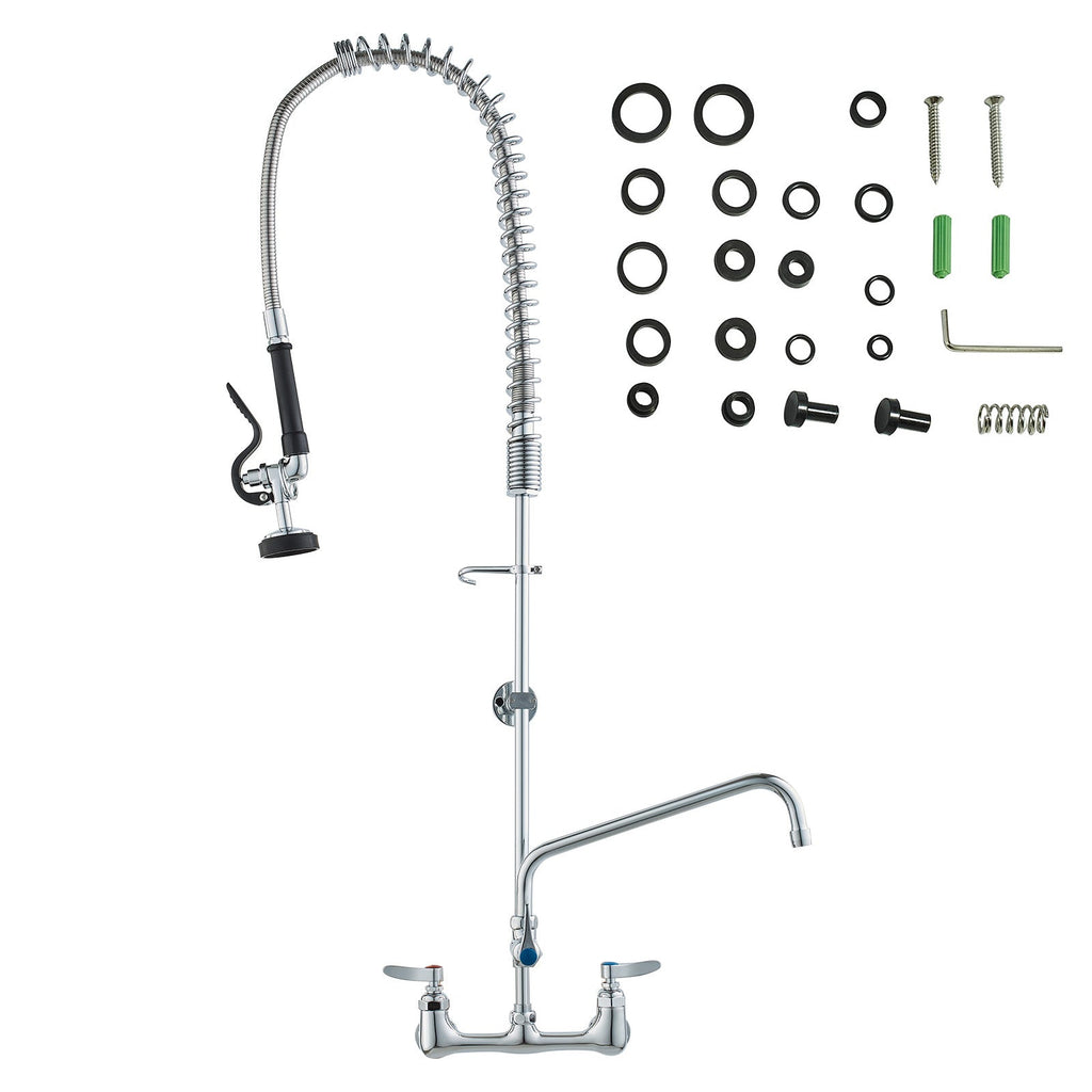 Commercial Faucet with Pre-Rinse Sprayer, 44' Height, 8' Center, 12' Swing Spout, Wall Mount Kitchen Sink Faucet, Brass Constructed Device with Pull Down Spray, for 1/2/3 Compartment Sink