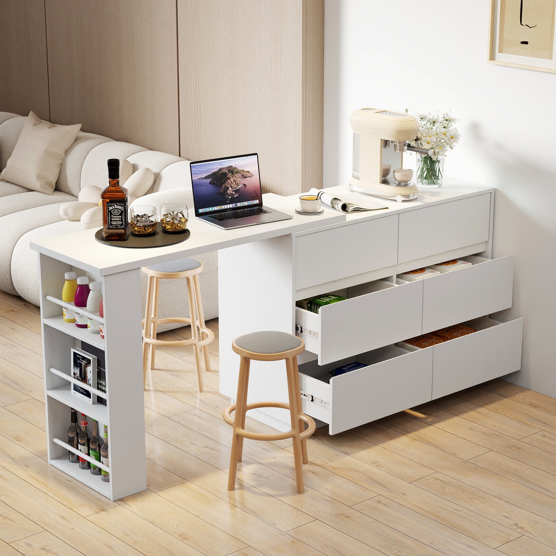 L-Shaped Desk and Vanity Combo with 6 Drawers, Extendable Tabletop, and Large Capacity Storage for Office and Bedroom Makeup