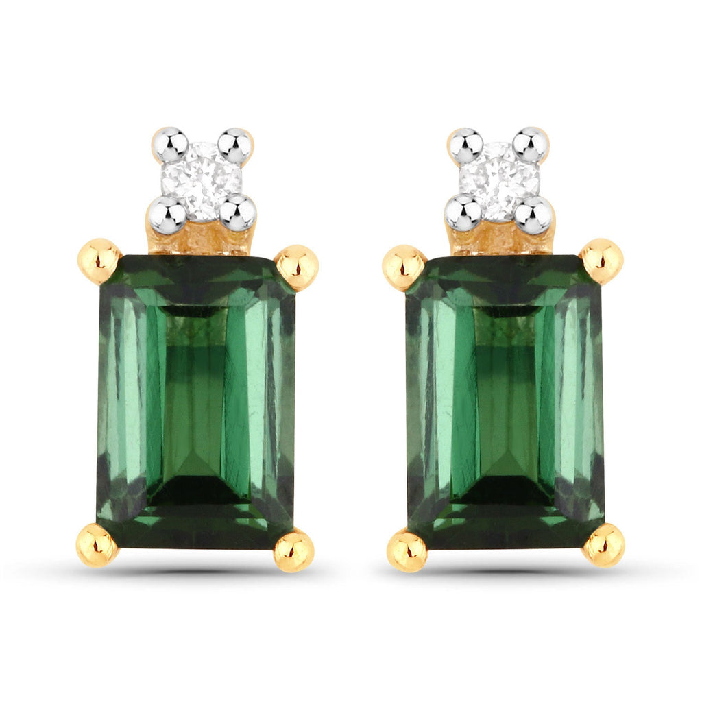 1.24 Carat Genuine Green Tourmaline and White Diamond 14K Yellow Gold Earrings
