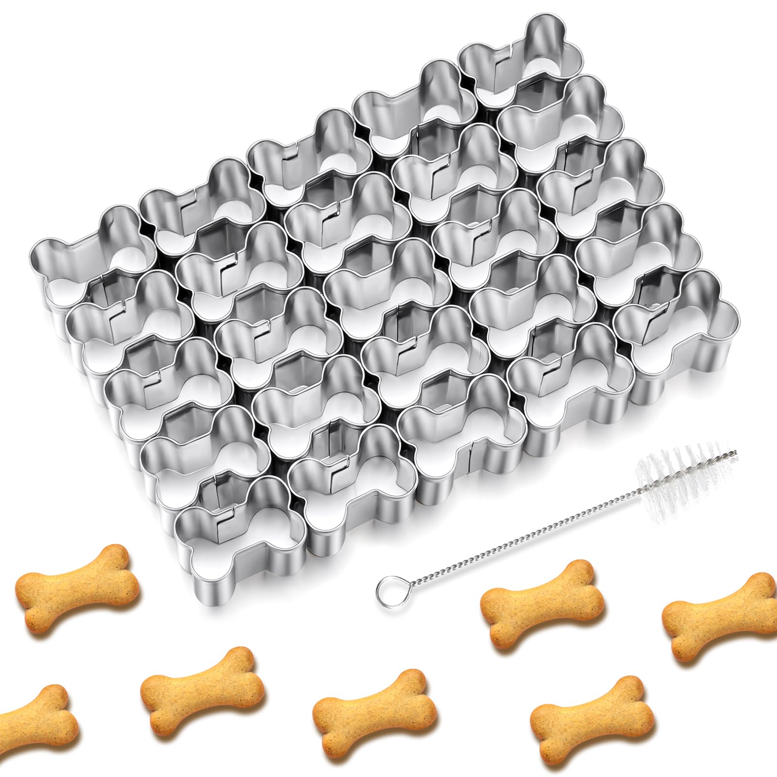 Ninehaoou Dog Bone Cracker Cutter25 Cavity Cookie CutterMini Cookie Molds with Cleaning brushNon-stick Dough Stainless Steels Cookie Cutters Mold for Baking
