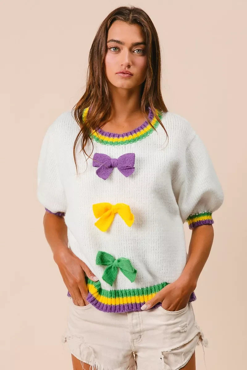BiBi Short Puff Sleeve Ribbon Bow Mardi Gras Sweater