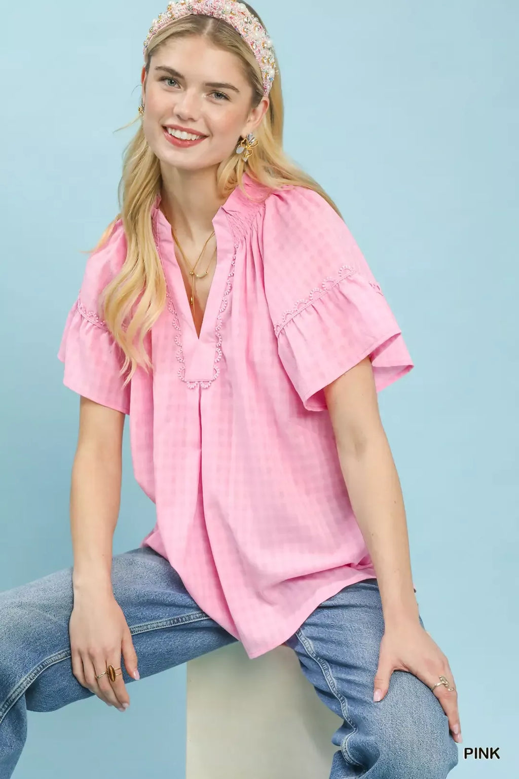 Umgee Gingham Puff Sleeve Top with Lace Trim
