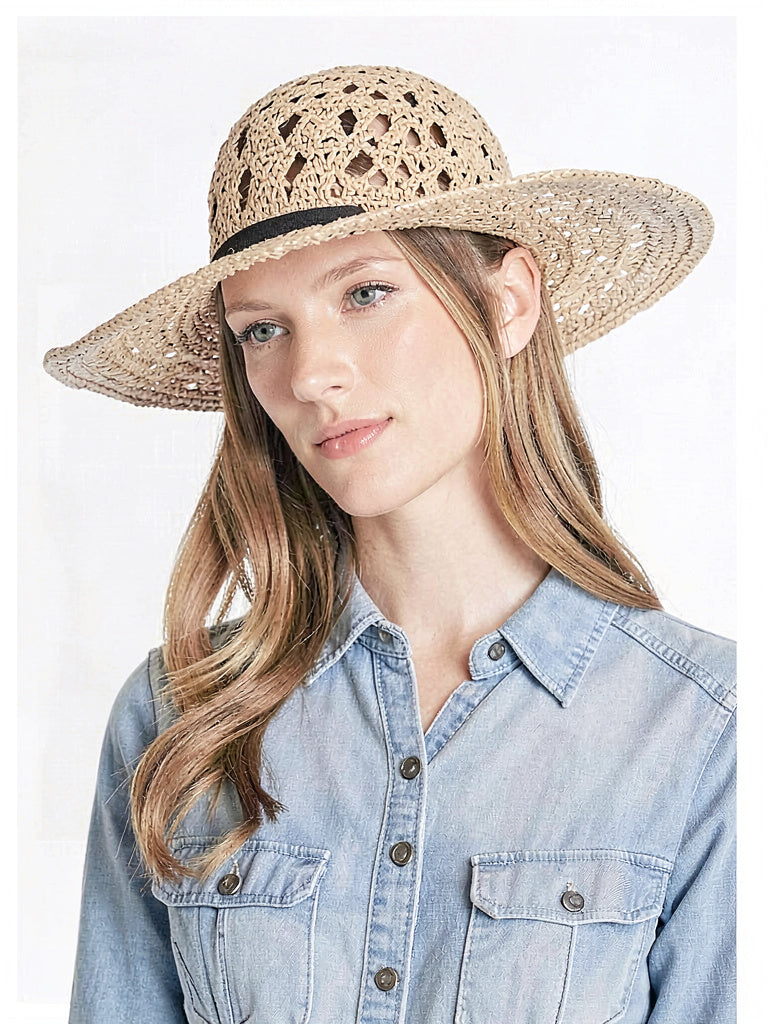 Aqua Filippo Catarzi Womens Open Weave Macramé Straw Floppy Sun Hat Band Natural