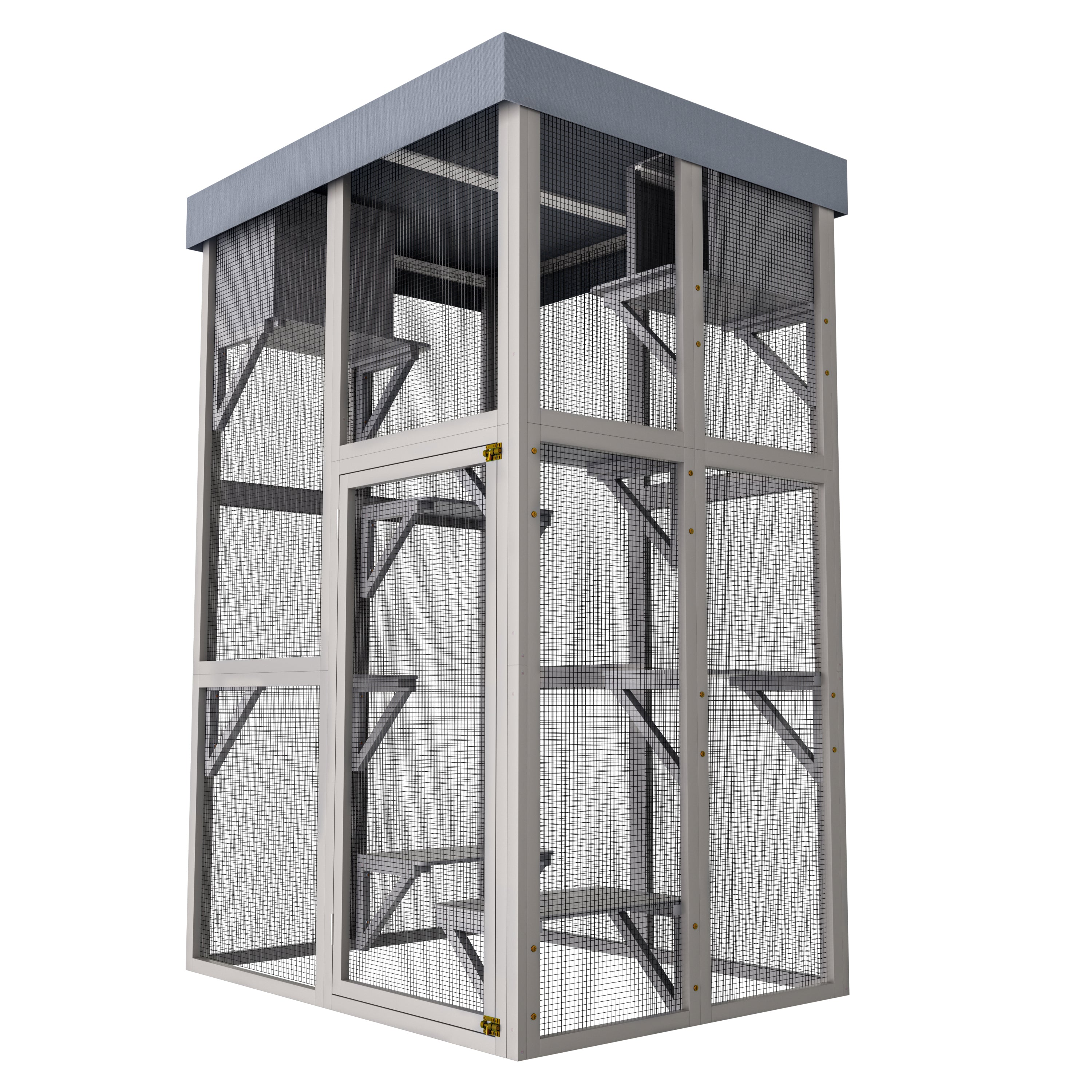 70.5＂ Tall Wooden Catio Outdoor Cat Enclosure, Gray Cat House Large Solid Wood Cage Playpen with 6 Jumping Platforms & 2 Napping Houses, Movable tarp cover