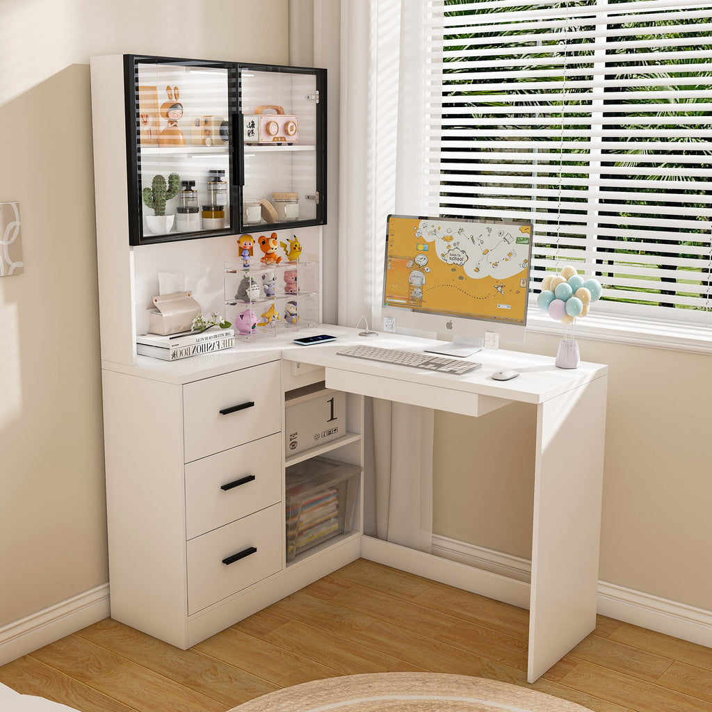 White L-Shaped Computer Desk with Glass Cabinets, Built-In LED Lights, USB Charging Ports, and Keyboard Tray - Ergonomic Office Furniture for Home and Corporate Workspaces