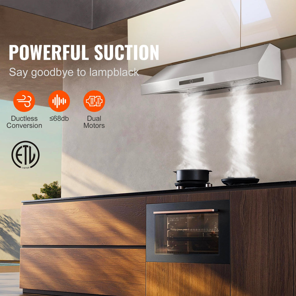 Under Cabinet Range Hood, Dual Motors Ductless Kitchen Stove Vent, Stainless Steel Permanent Filter with 3-Speed Exhaust Fan, 2 Baffle Filters, LED Lights, Touch Control Panel, Silver (30 inch)