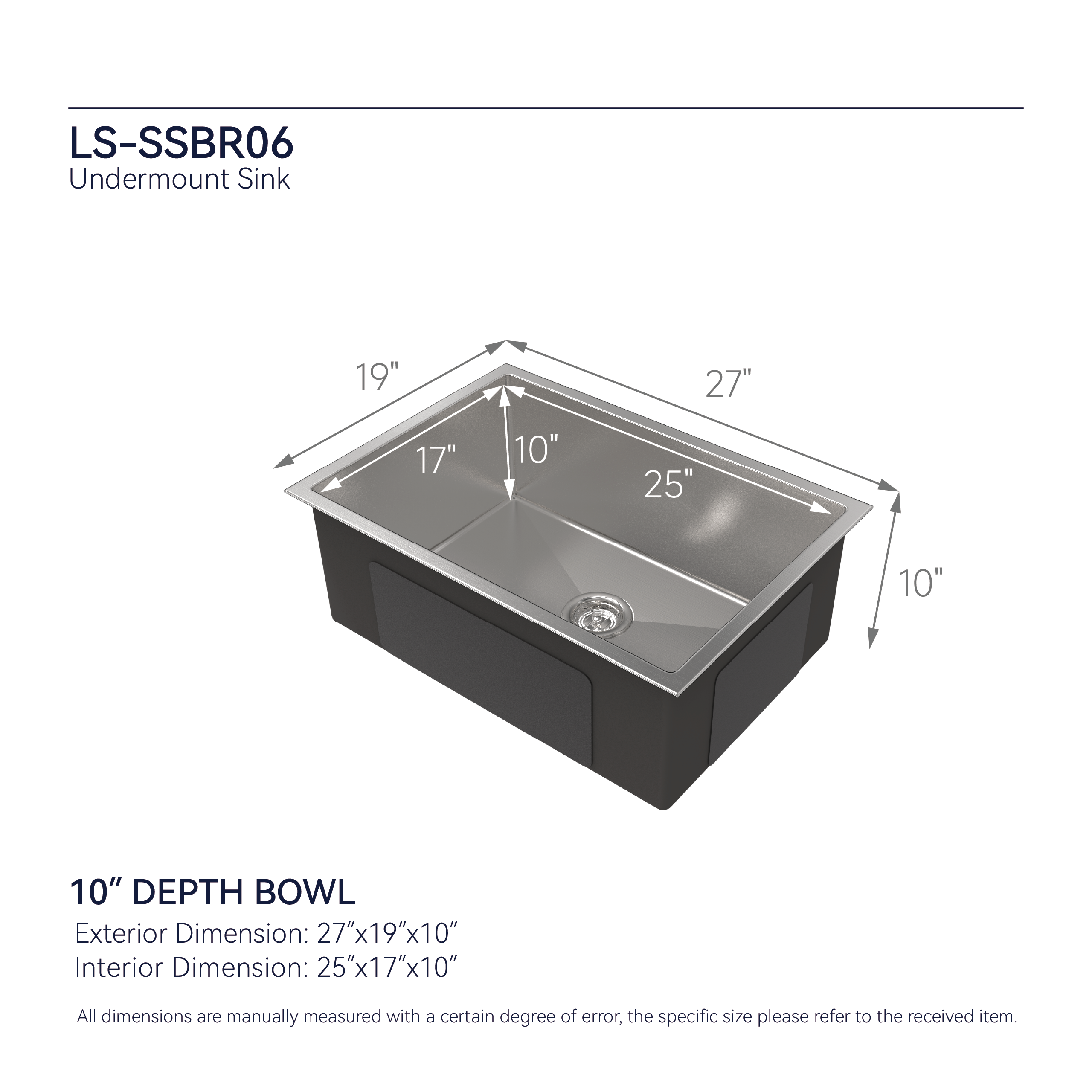 Stainless Steel Kitchen Sink, 27″x19″ Single Bowl, Undermount Handmade Sink in Brushed Nickel, with US Standard Drain and Hook, LS-SSBR06