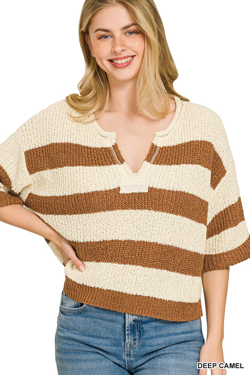 Zenana Split Neck Stripe Sweater