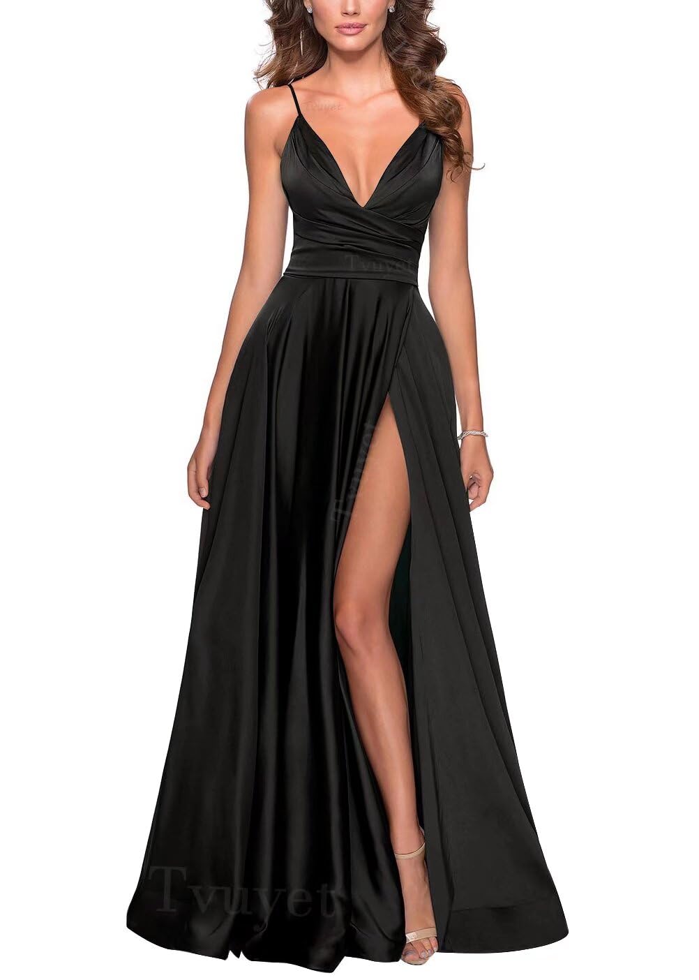 Tvuyet Black Prom Dress Long with Slit Satin Evening Dresses for Women Elegant A Line Black 02