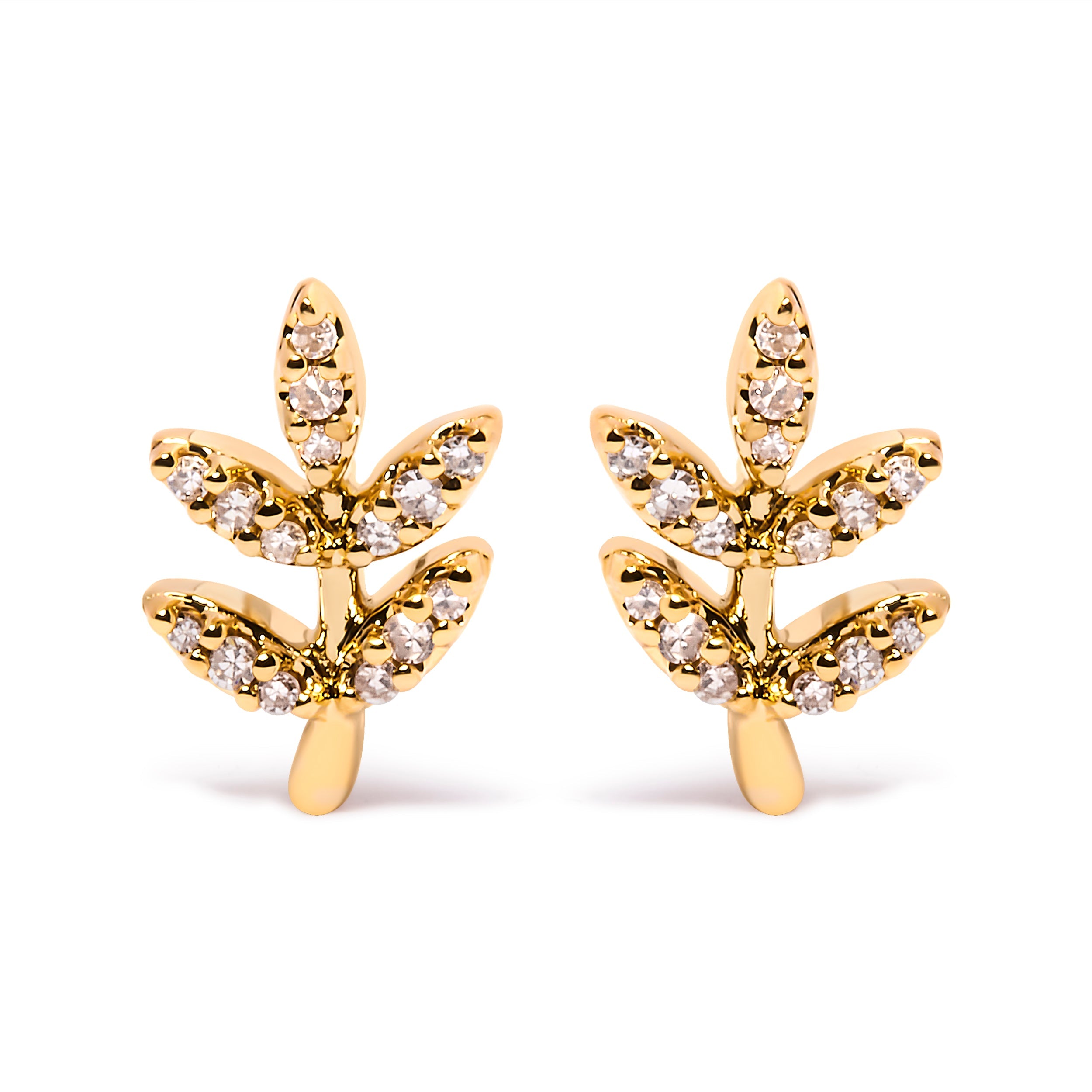 10K Yellow Gold 1/10 Cttw Diamond Accented Leaf and Branch Stud Earrings (H-I Color, I1-I2 Clarity)