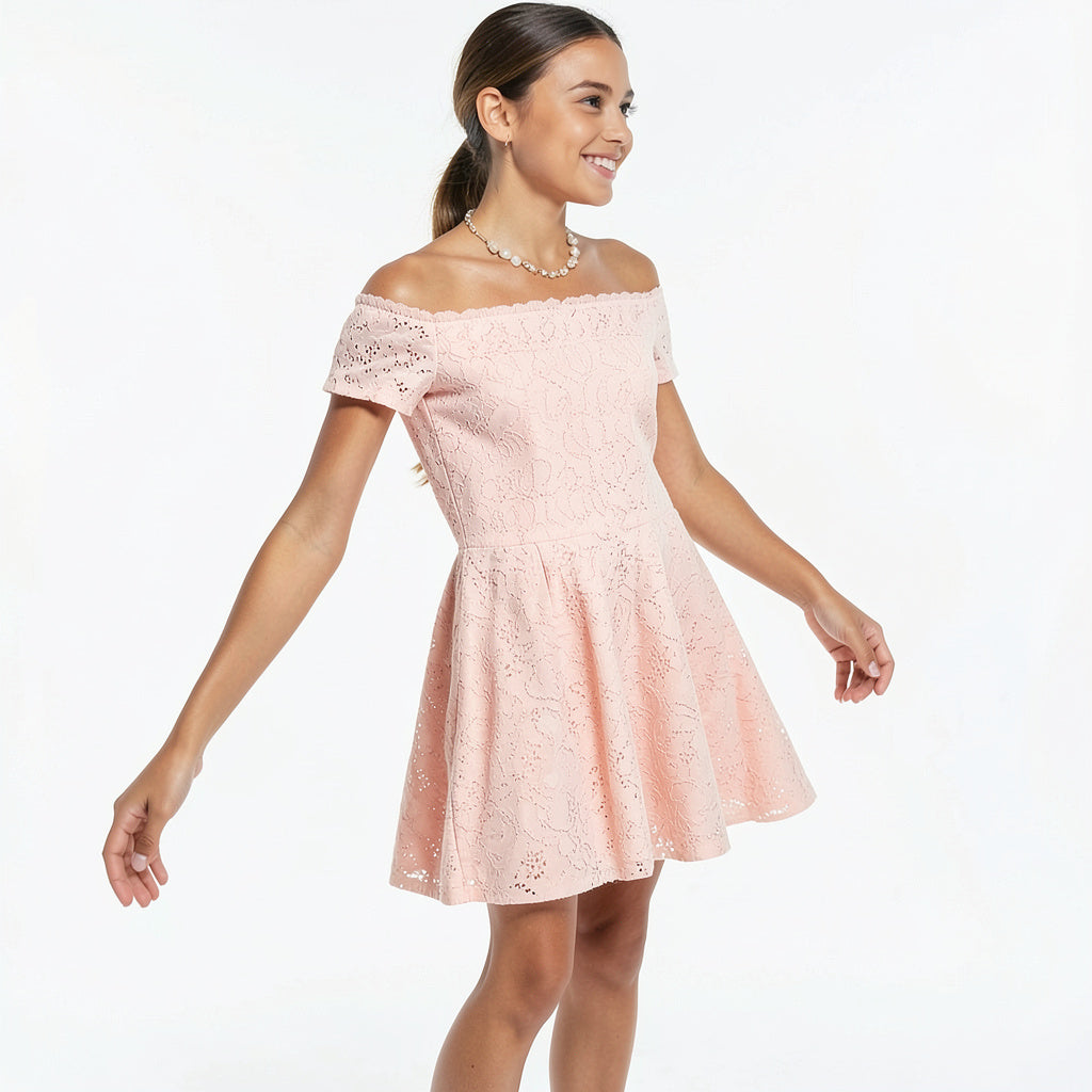 B Darlin Juniors Off-the-Shoulder Lace Dress, Blush, Size 11/12