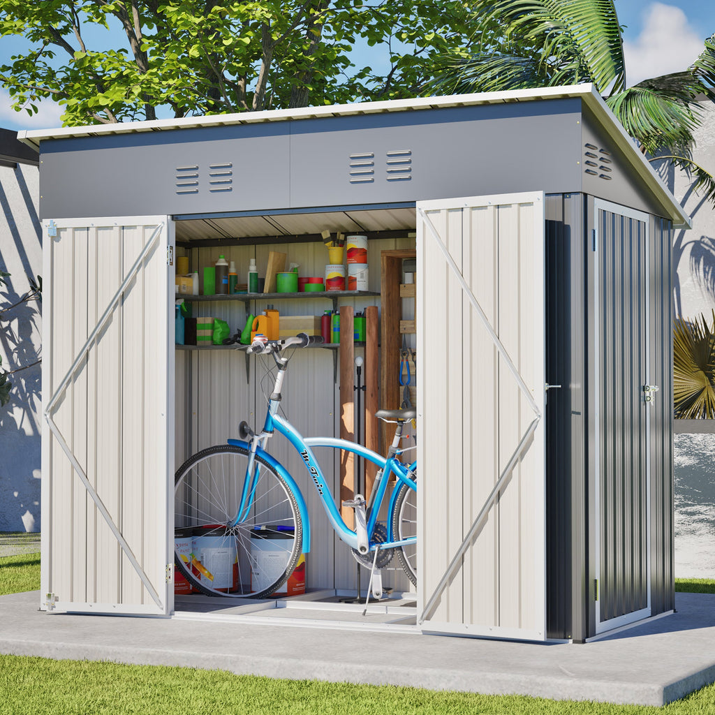 4x8 Slope-Roof Reinforced Storage Shed with Weatherproof Sloping Roof & 4 Air Vents, Heavy-Duty Sturdy Metal Frame, Left/Right Optional Door, Outdoor Tool Shed Warehouse for Garden Storage Pet House