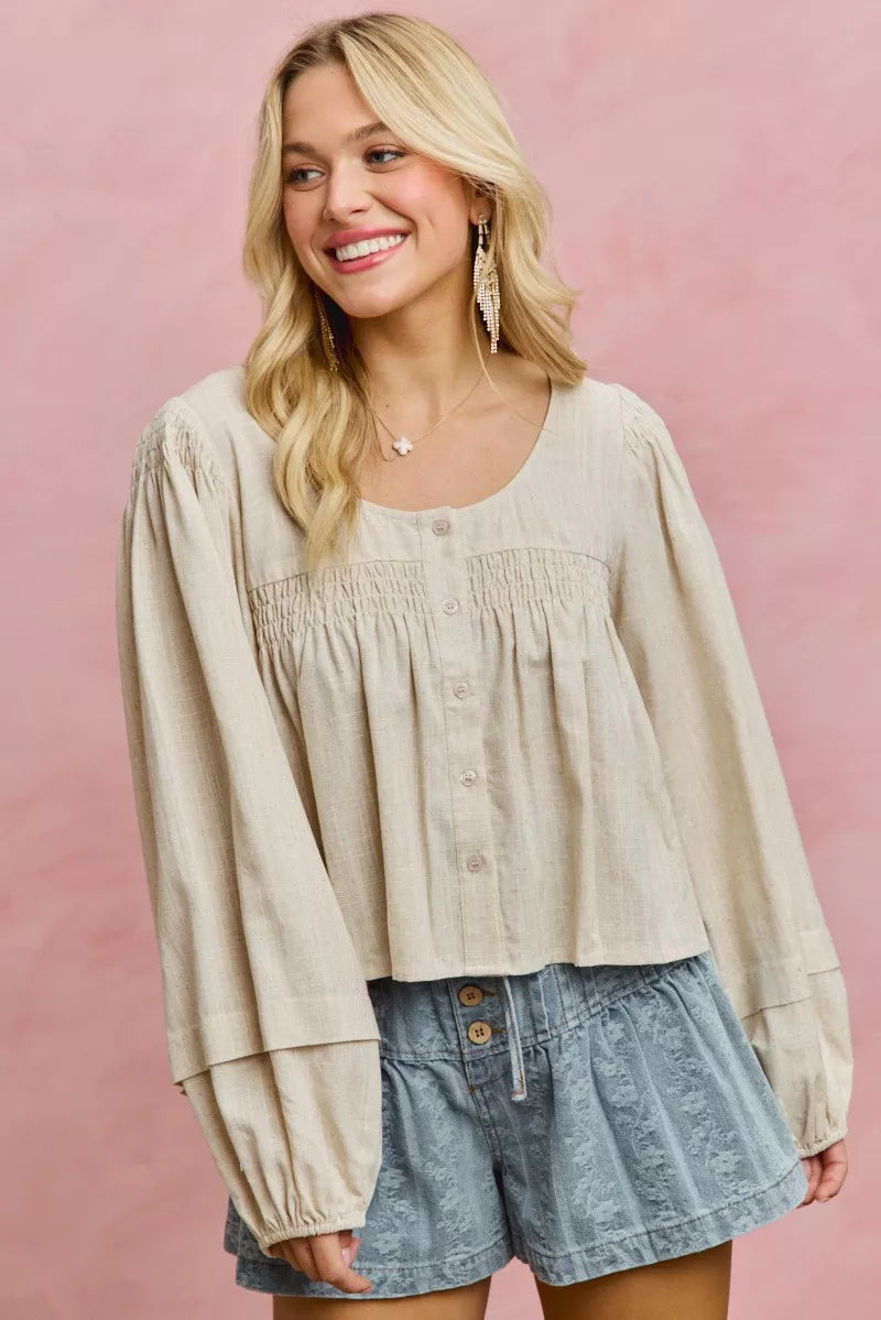 SO ME Linen Blend Woven Long Sleeve With Smocking Top