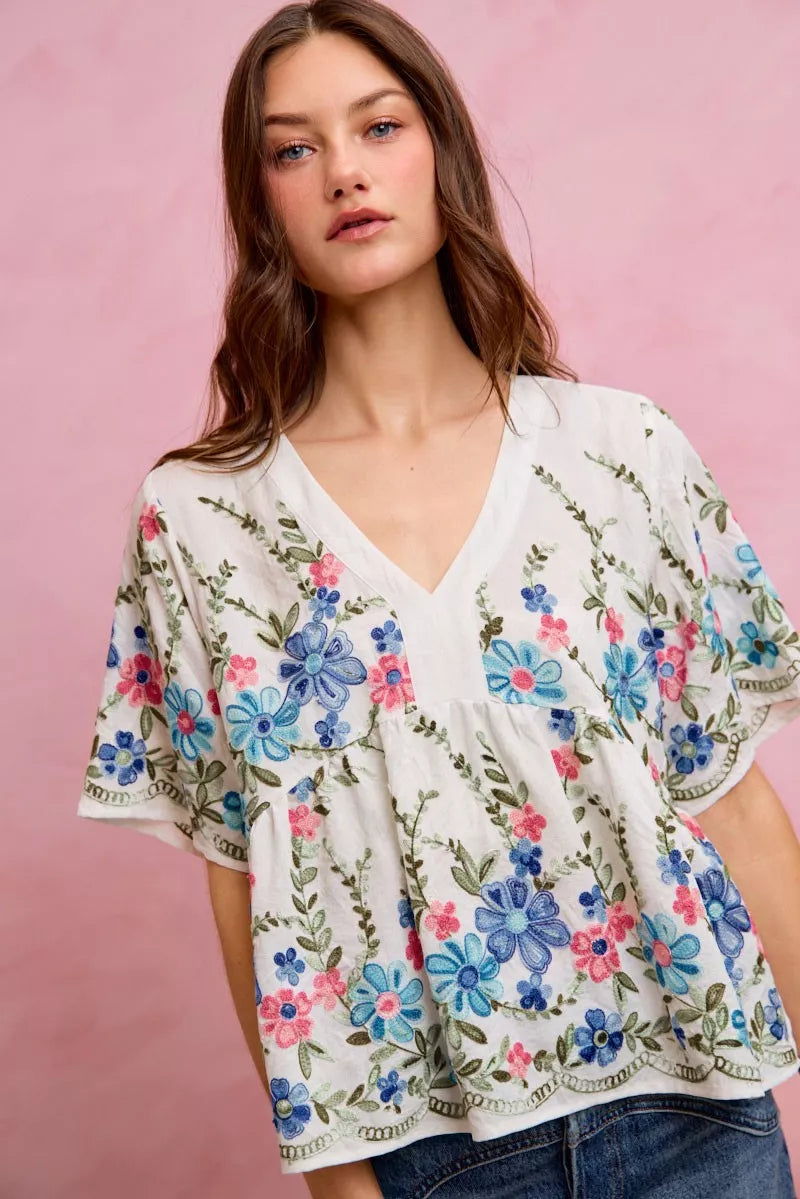 SO ME Floral Embroidered Baby Doll Blouse Top