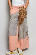 POL Striped Floral Patchwork Wide leg Pants with Side Big Star Patch