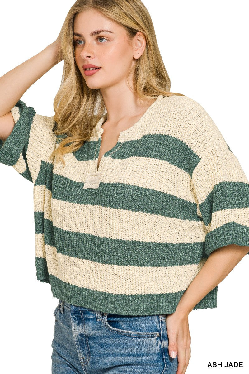 Zenana Split Neck Stripe Sweater