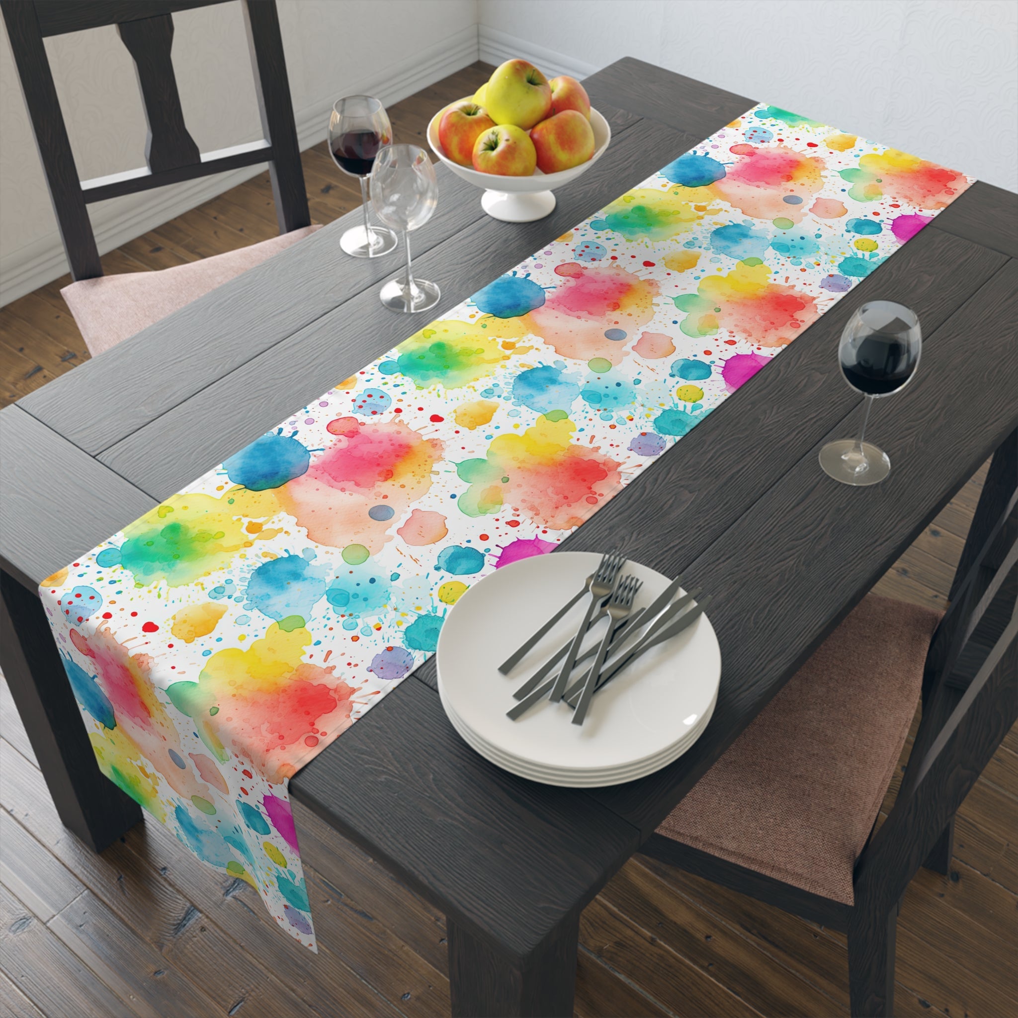 Bespattered Facade Rainbow Watercolor Paint Splatters Table Runner (2 sizes)