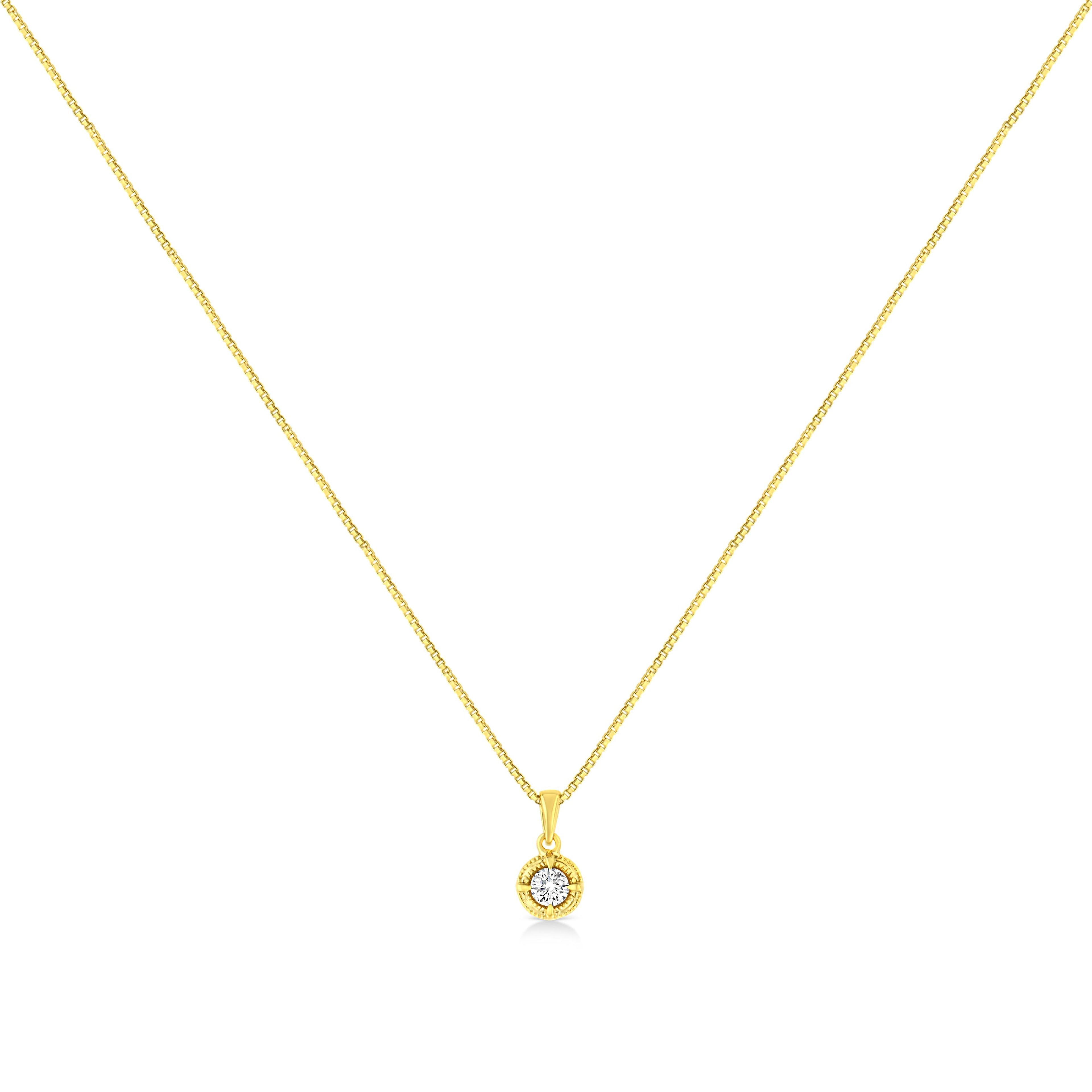 14K Yellow Gold Plated .925 Sterling Silver 1/2 Cttw Brilliant Round Cut Diamond Solitaire Milgrain 18" Pendant Necklace (K-L Color, I2-I3 Clarity)