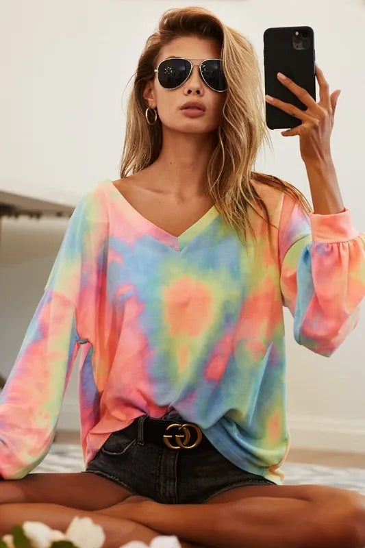BiBi Tie Dye French Terry V Neck Top