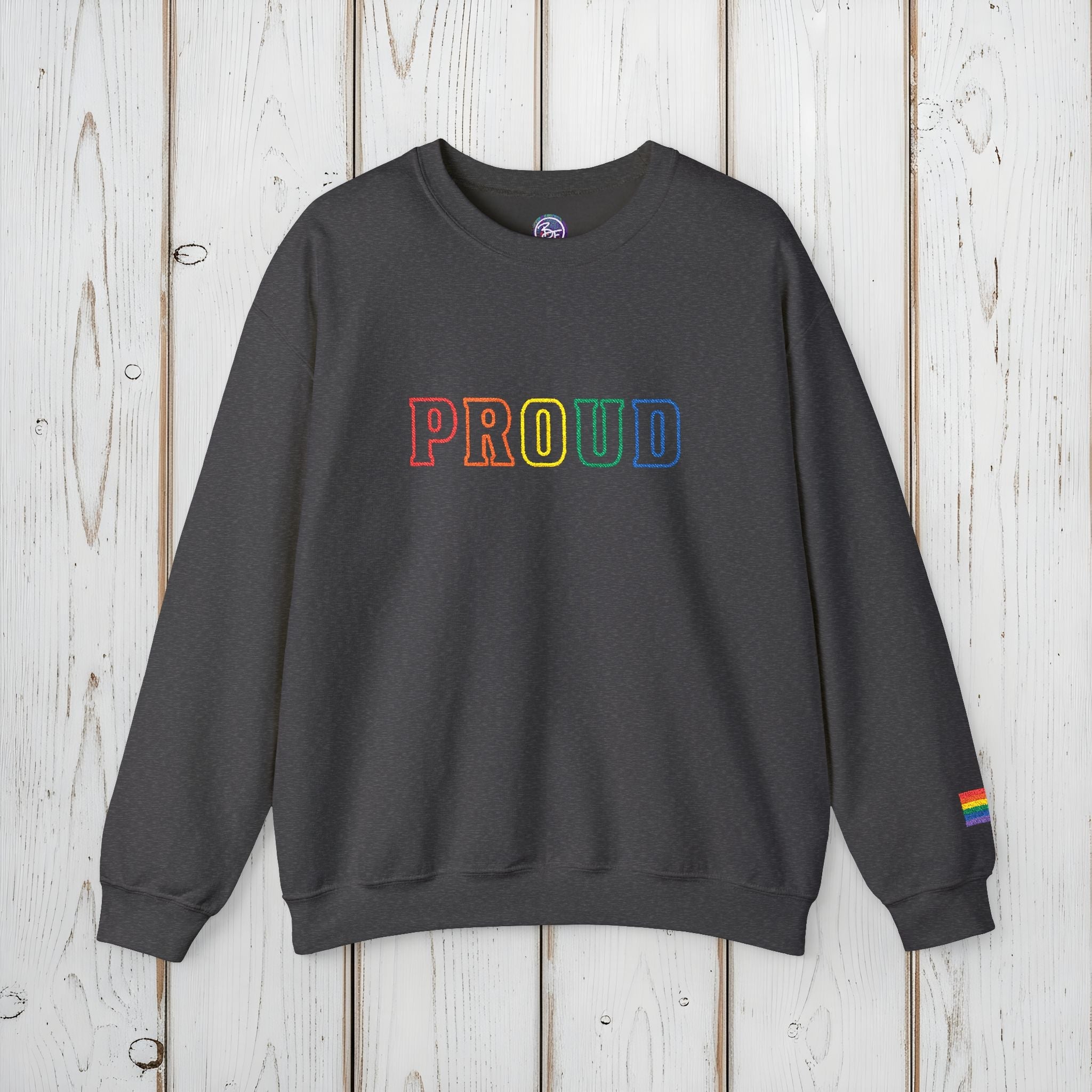 Bespattered Facade Proud Rainbow LGBTQ+ Pride Embroidered Crewneck Sweatshirt