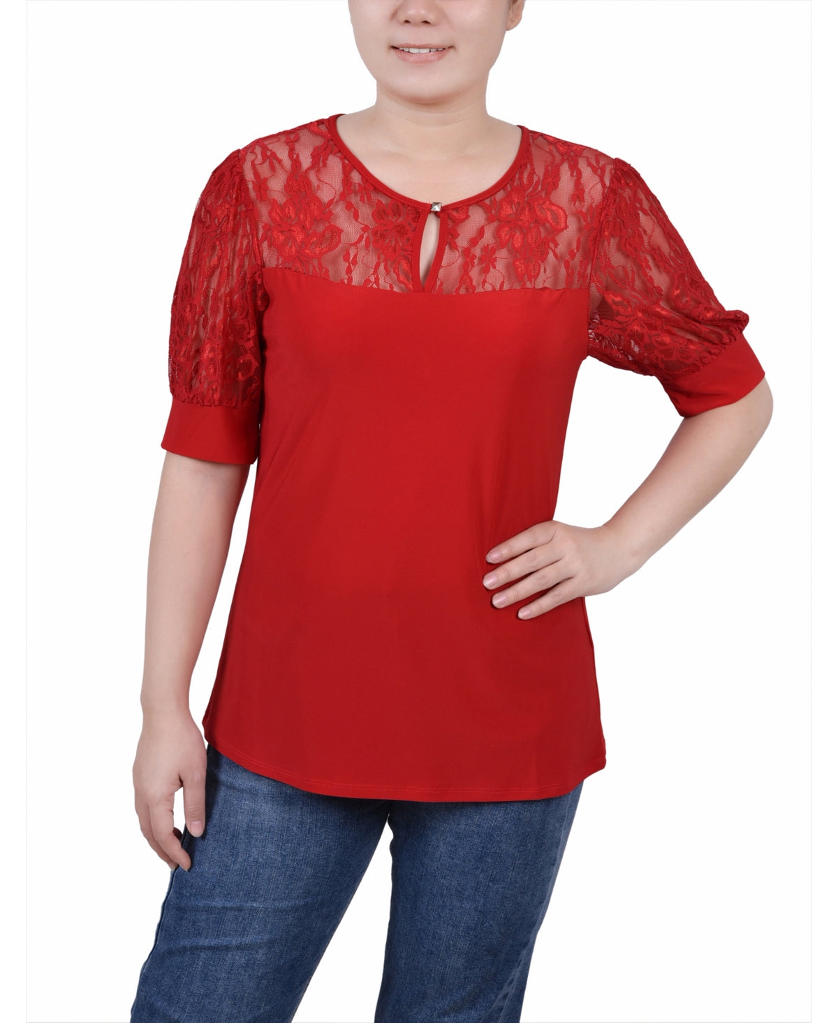 Ny Collection Womens Short Puff Sleeve Top with Lace Sleeves, Large