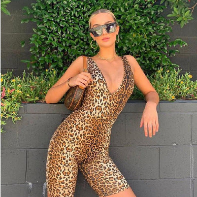 Summer Women's Sleeveless V-Neck Leopard Jumpsuit