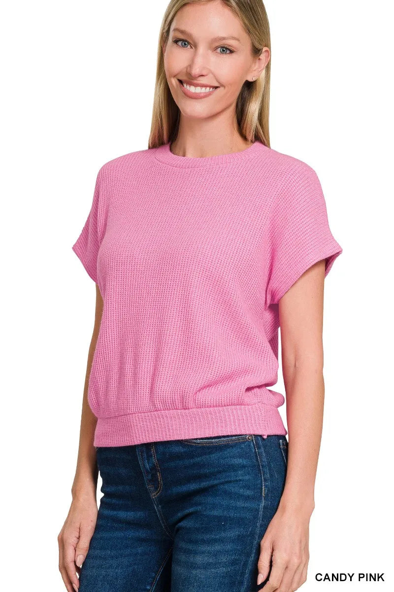 Zenana Round Neck Banded Botton Short Sleeve Sweater