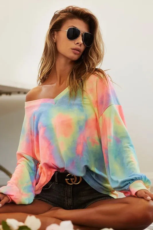 BiBi Tie Dye French Terry V Neck Top