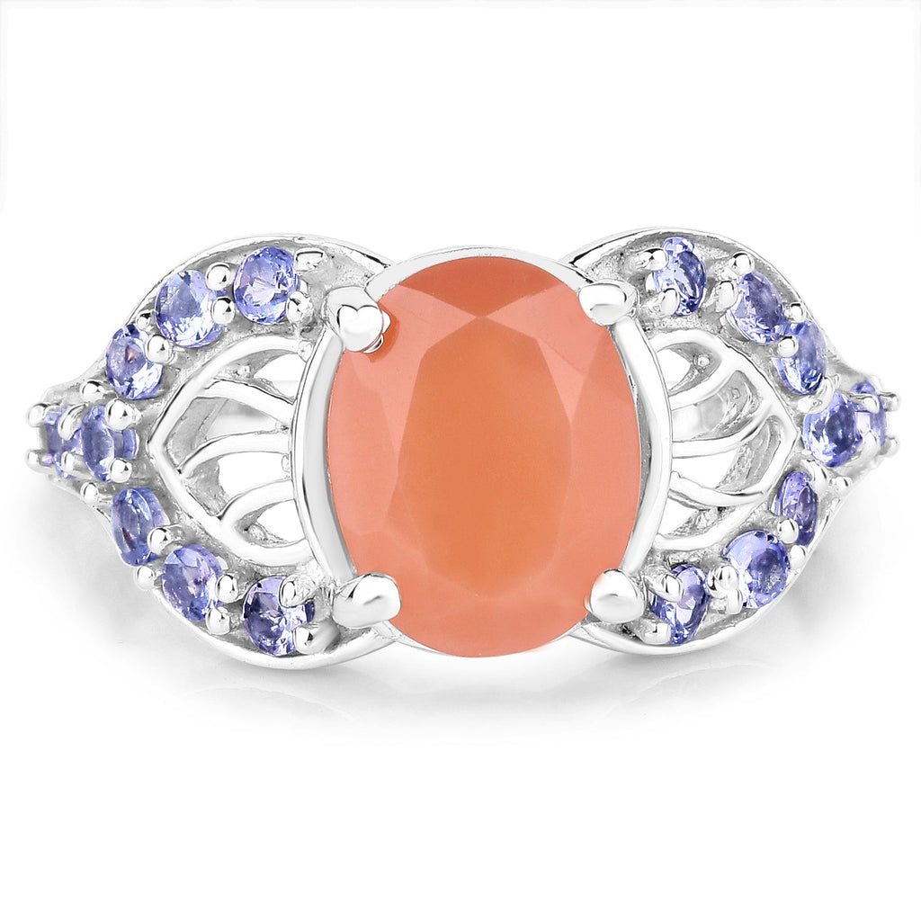 3.06 Carat Genuine Peach Moonstone and Tanzanite .925 Sterling Silver Ring