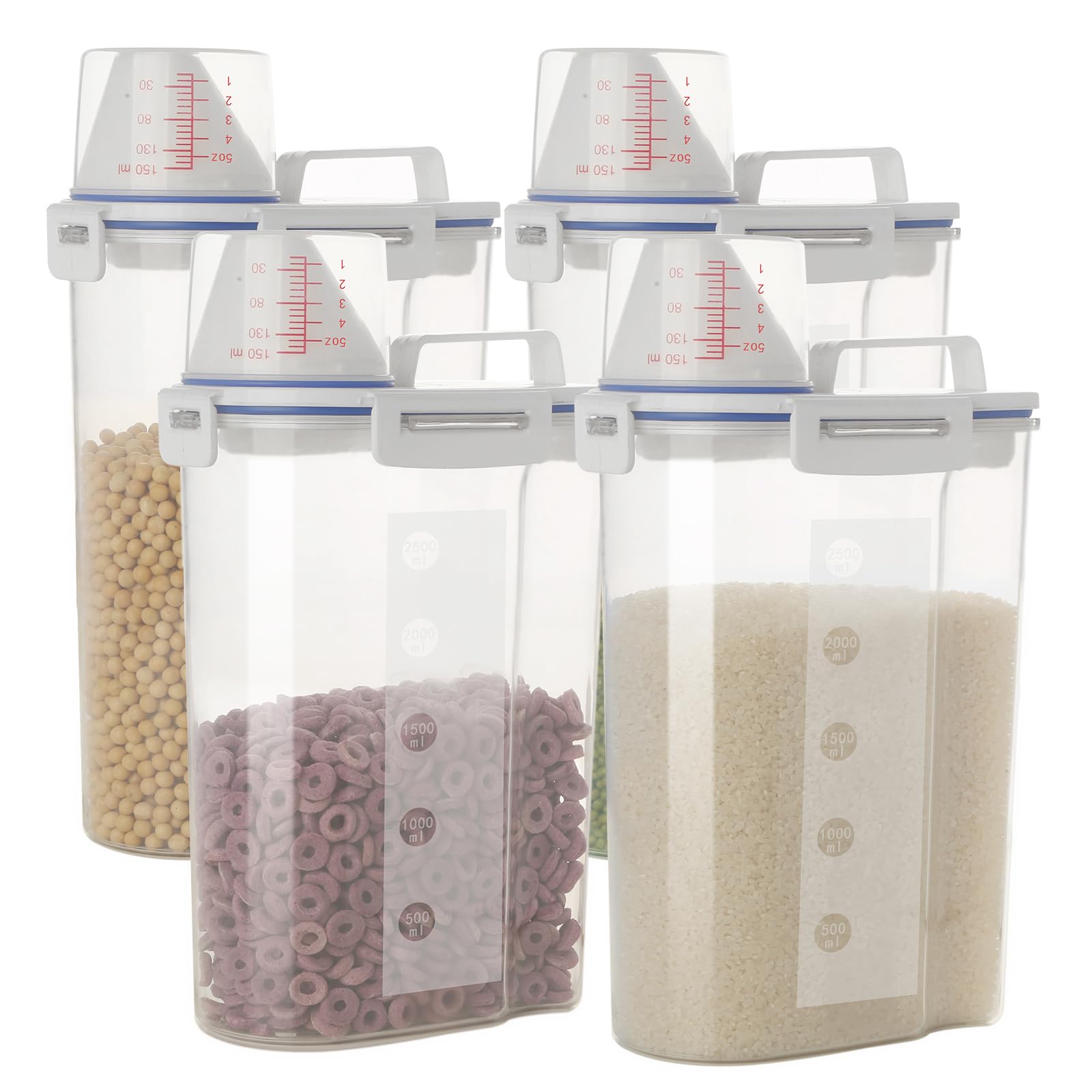 5.5 Lbs Rice Airtight Dry Food Storage Container Set of 4 Rice Storage Bin Cereal Containers Dispenser Thicken Plastic Clear Food Storage Box with Pouring Spout Measring Cup for Grain Flour Snacks