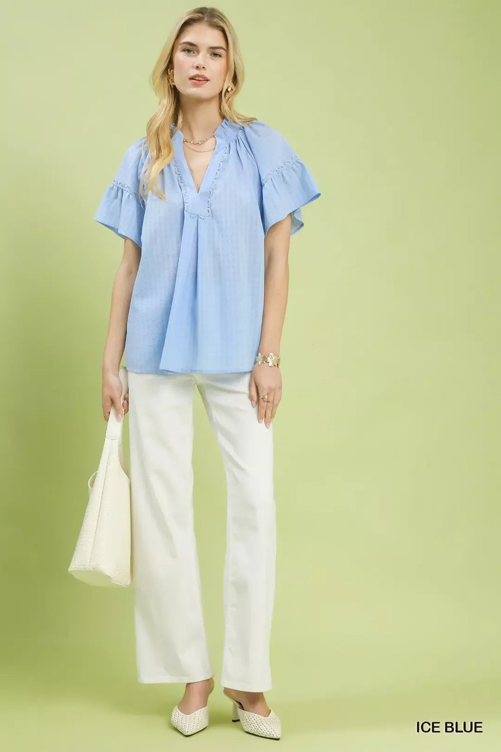 Umgee Gingham Puff Sleeve Top with Lace Trim