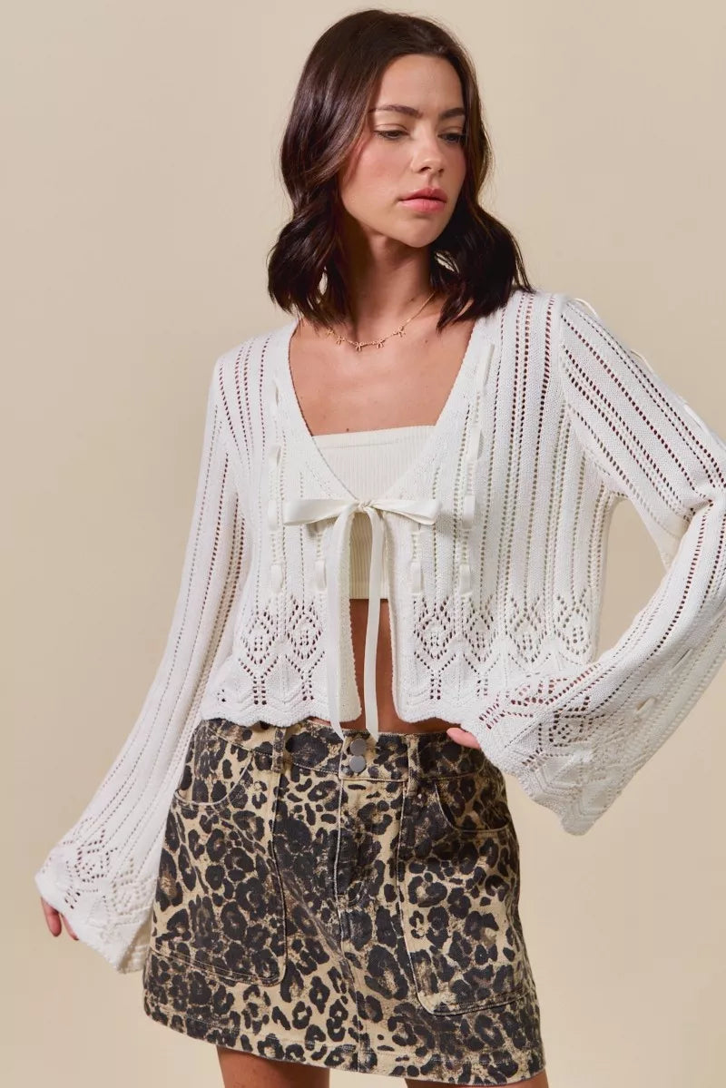 SO ME Textured Sweater Open Front Ribbon Tie Cardigan