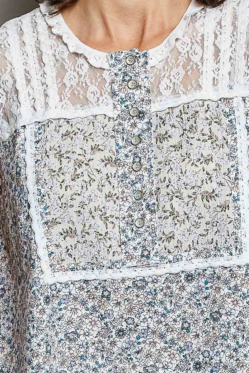POL Printed Woven Lace Back Round Neck Sleeveless Top