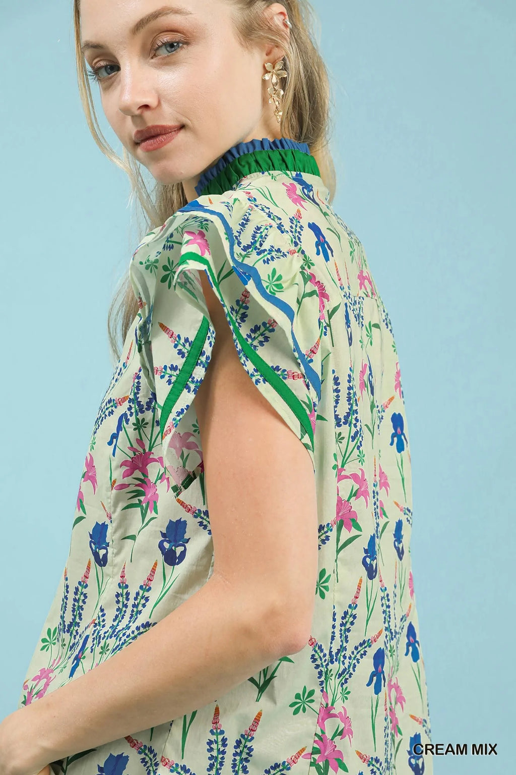 Umgee Mix Floral Print Blouse with Contrast Trim