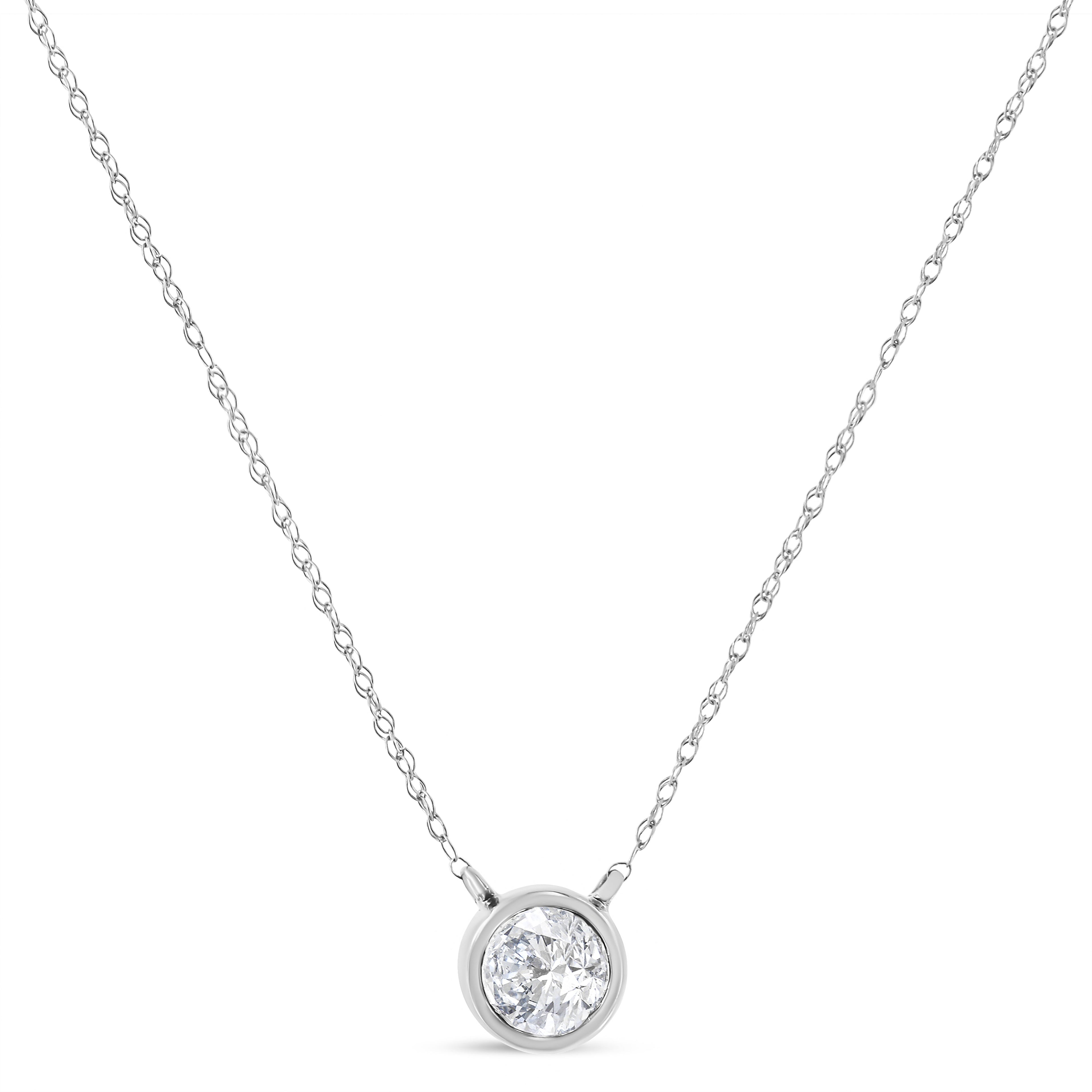 AGS Certified 10K White Gold 1/3 Cttw Bezel Set Round Diamond Solitaire 16-18" Adjustable Pendant Necklace (I-J Color, SI1-SI2 Clarity)