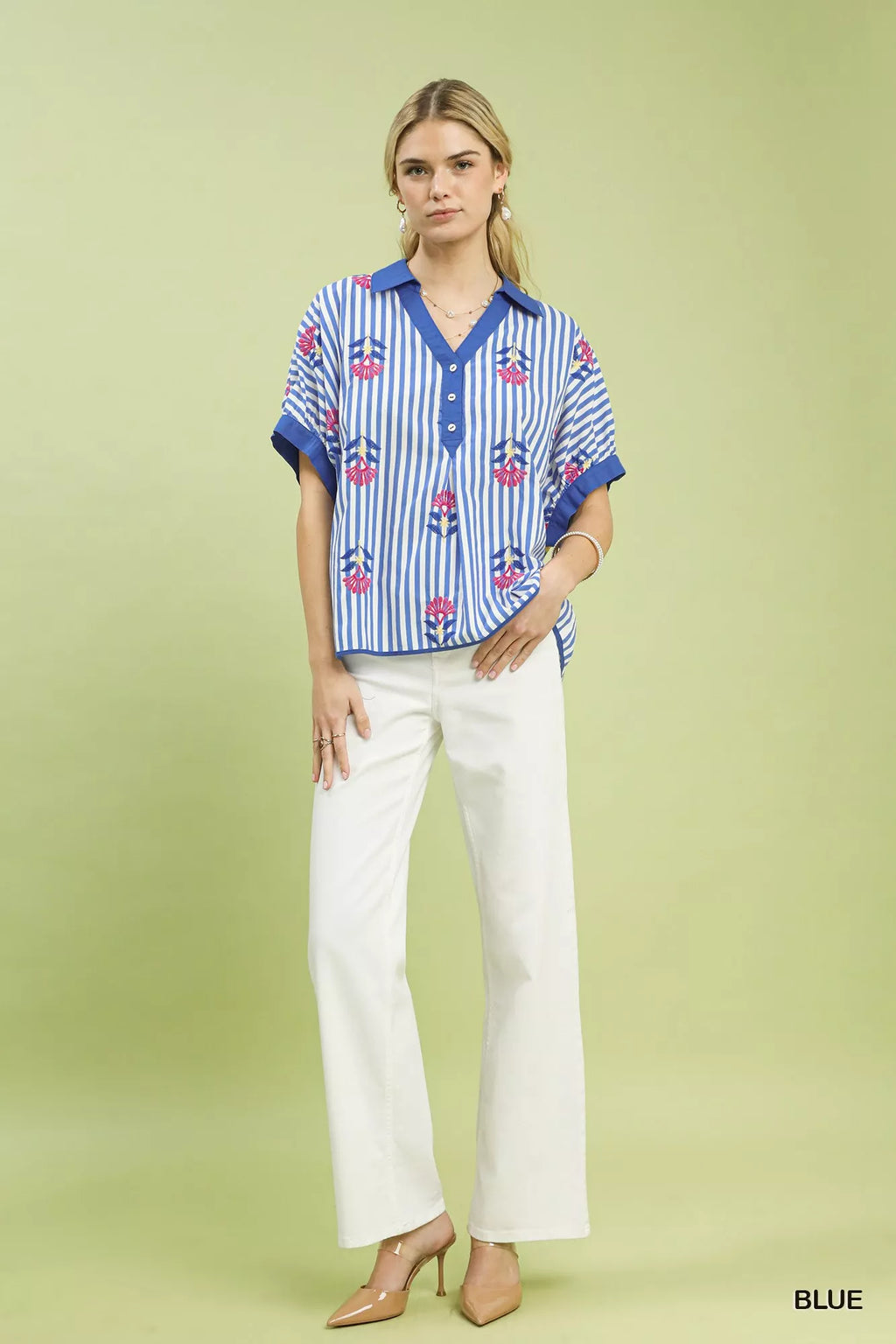 Umgee Stripe Embroidered Button-Front Boho Blouse